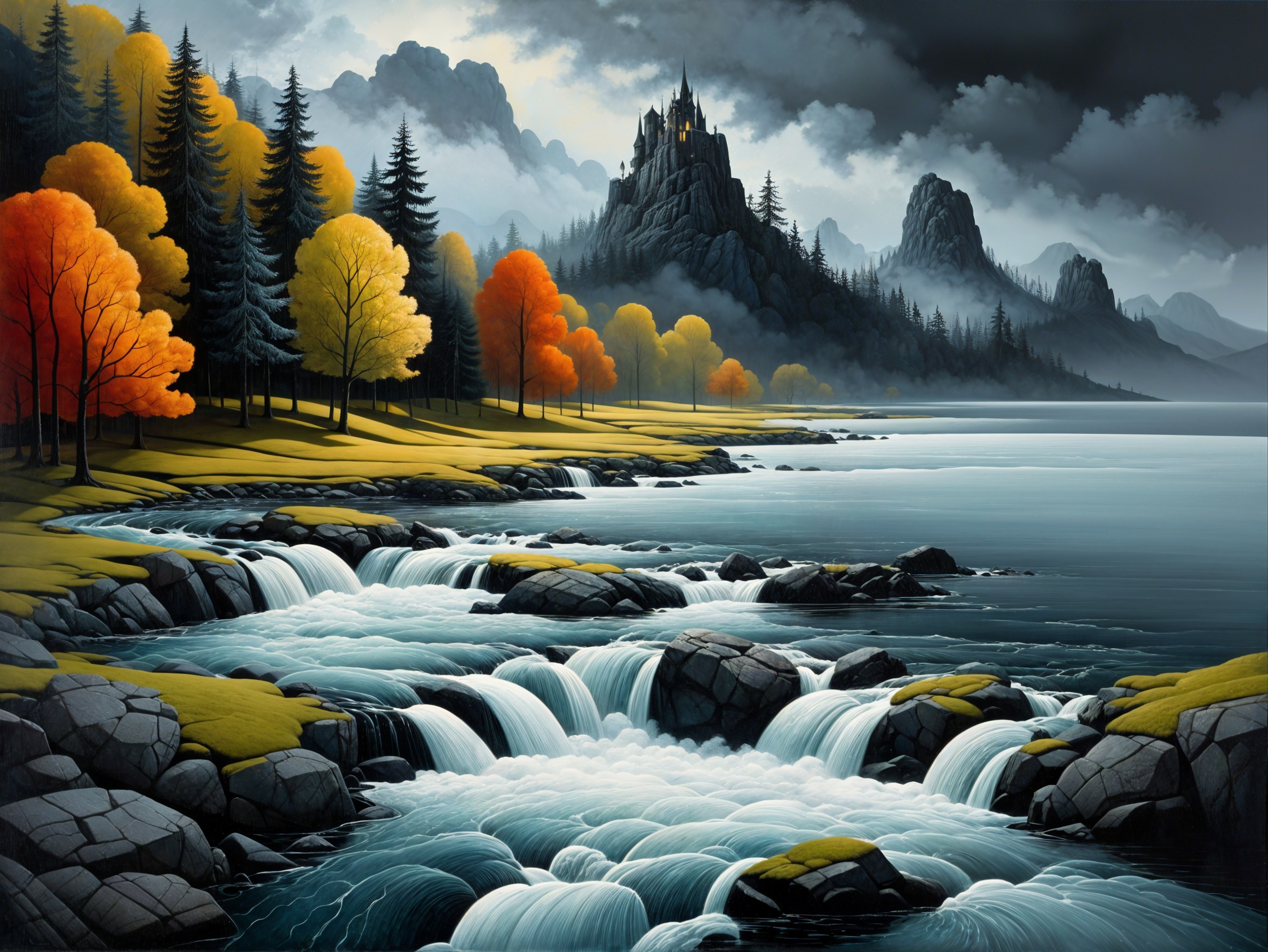 Cascading Waterfall and Autumn Trees Landscape