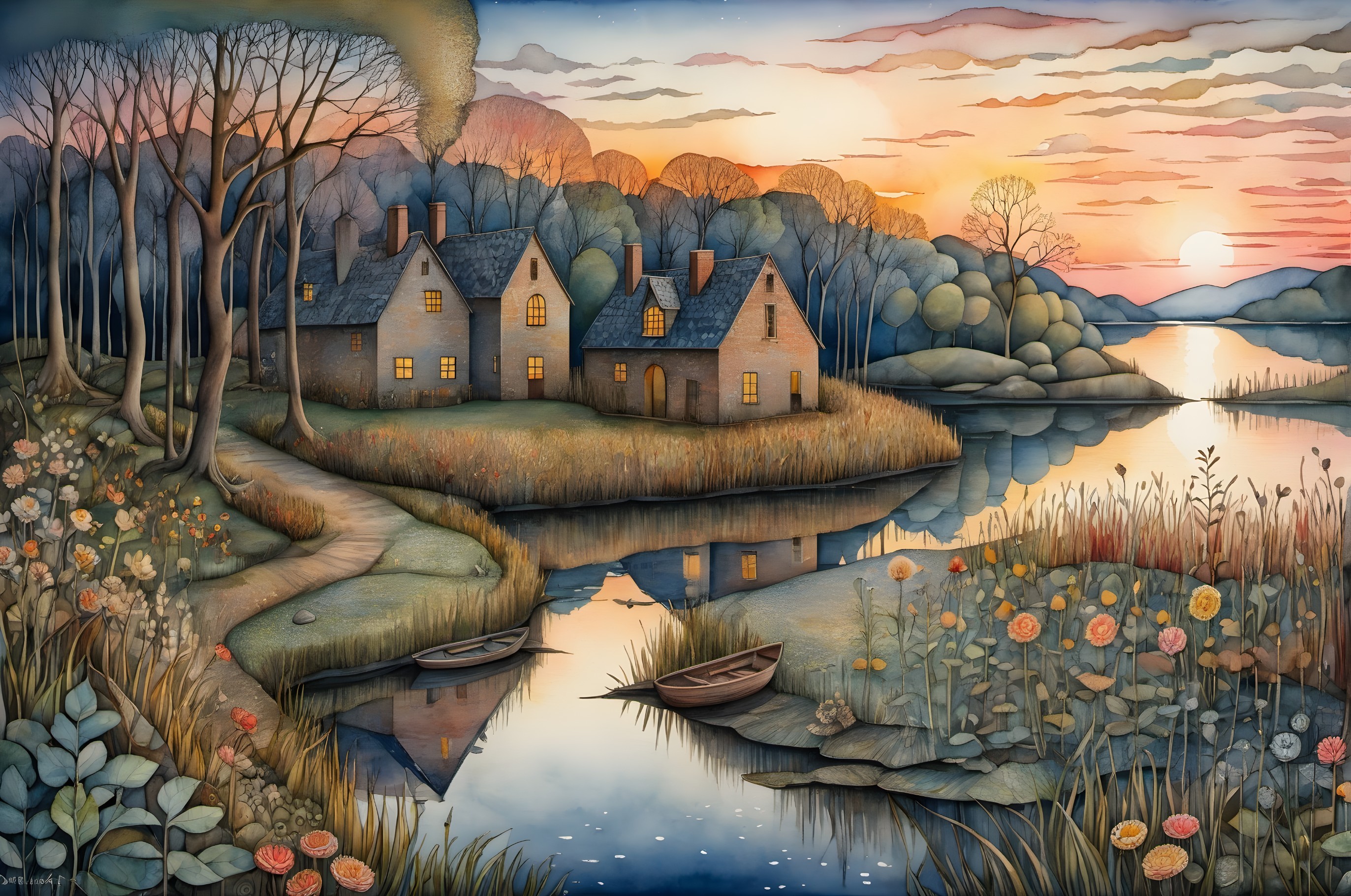 Serene Sunset Landscape with Houses by Calm River