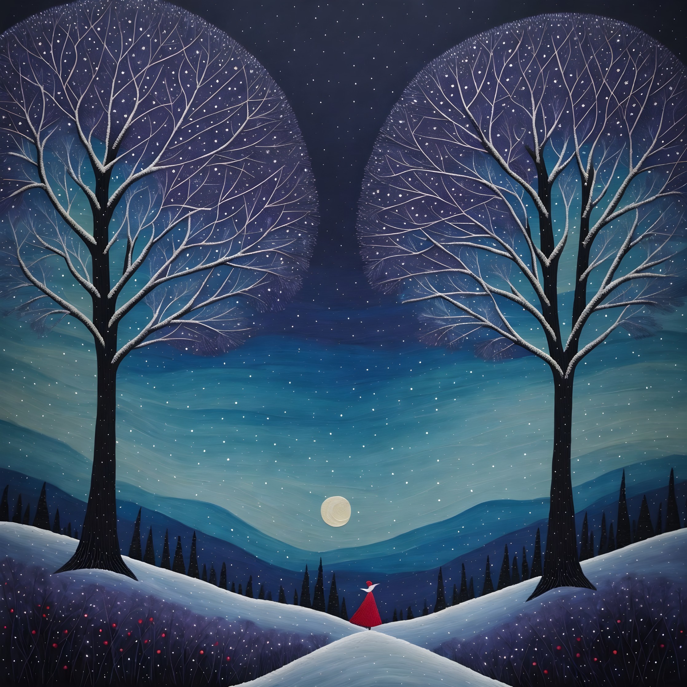 Wintry Landscape with Trees and Moonlit Path