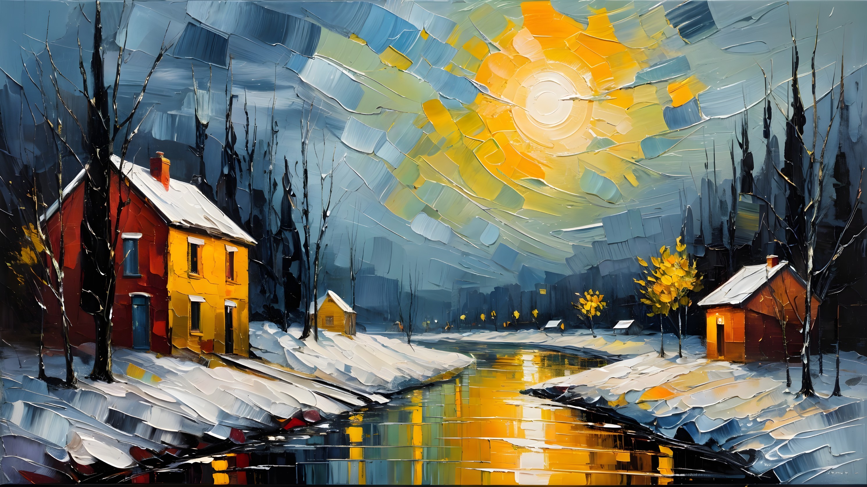 Winter Landscape with Colorful Houses and River