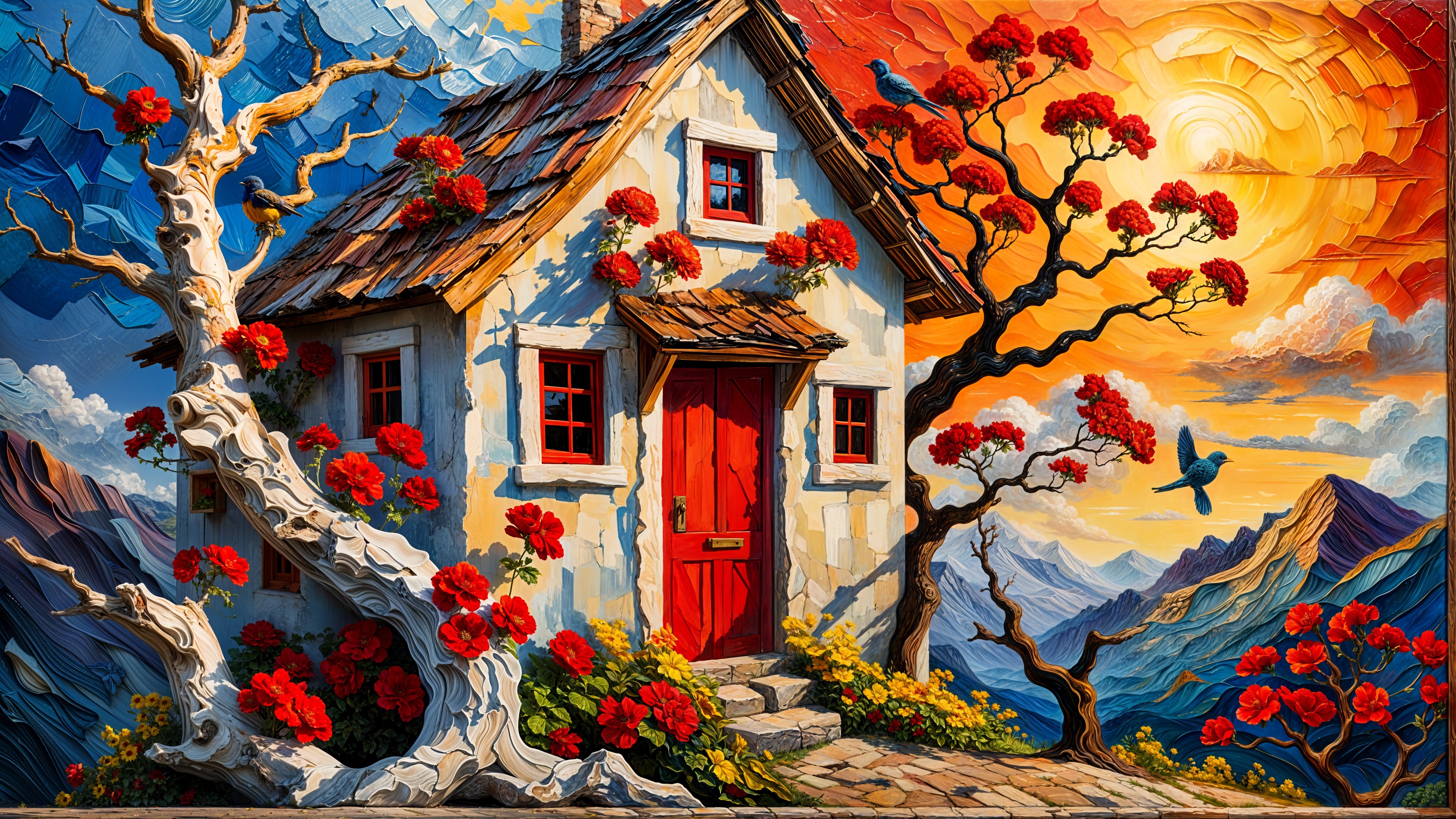 Charming Cottage in Vibrant Sunset Landscape