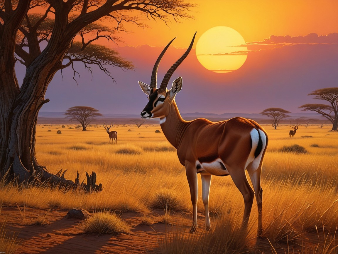 Antelope in Golden Savanna at Sunset with Acacia Trees