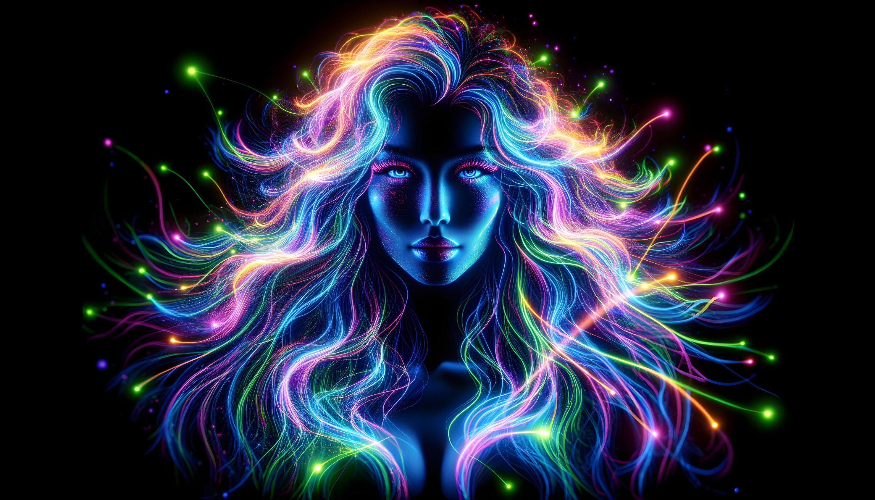 Vivid neon portrait of a woman with multicolored light trails and glowing blue skin