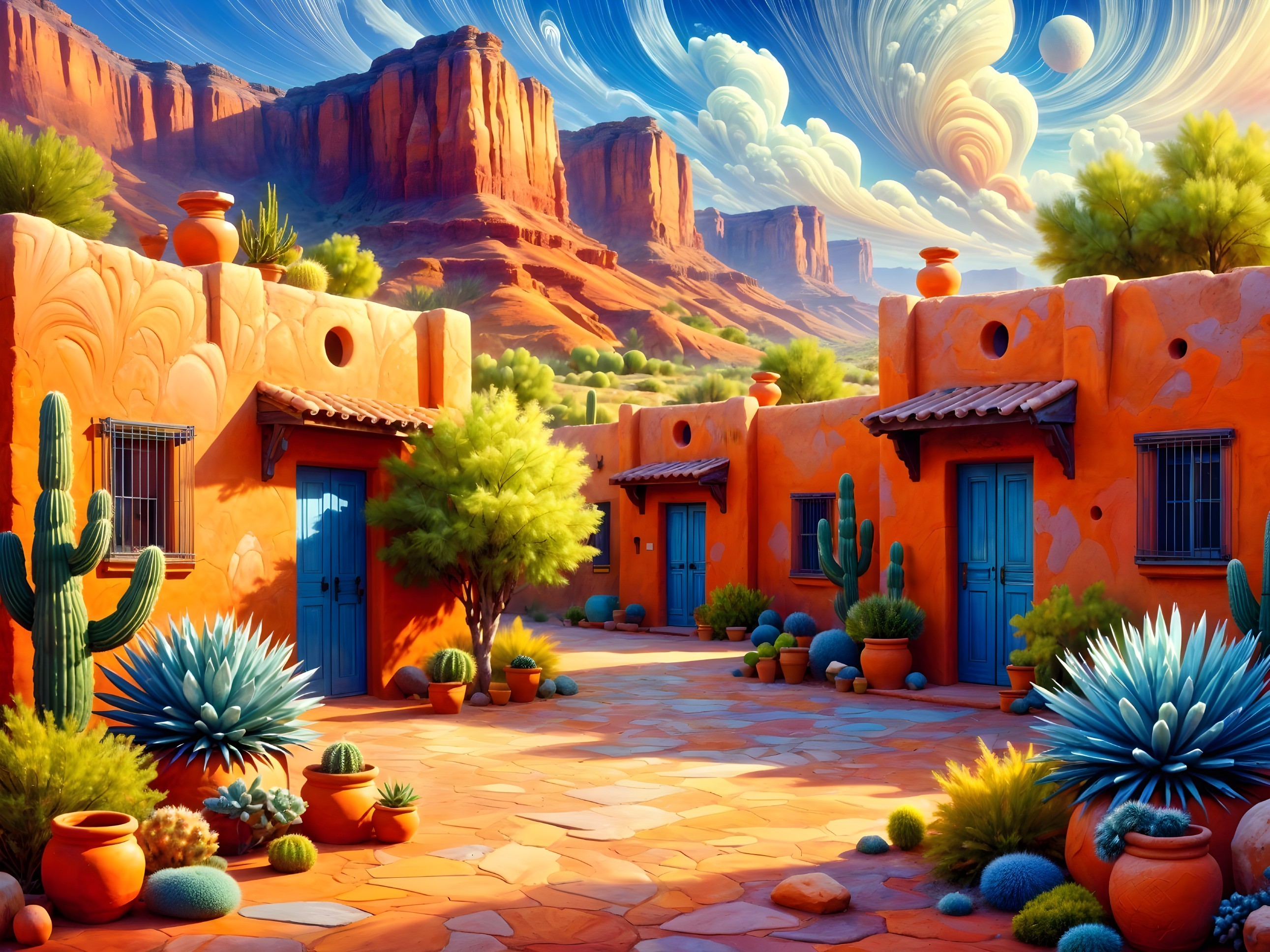 Vibrant Desert Scene with Adobe Buildings and Cacti