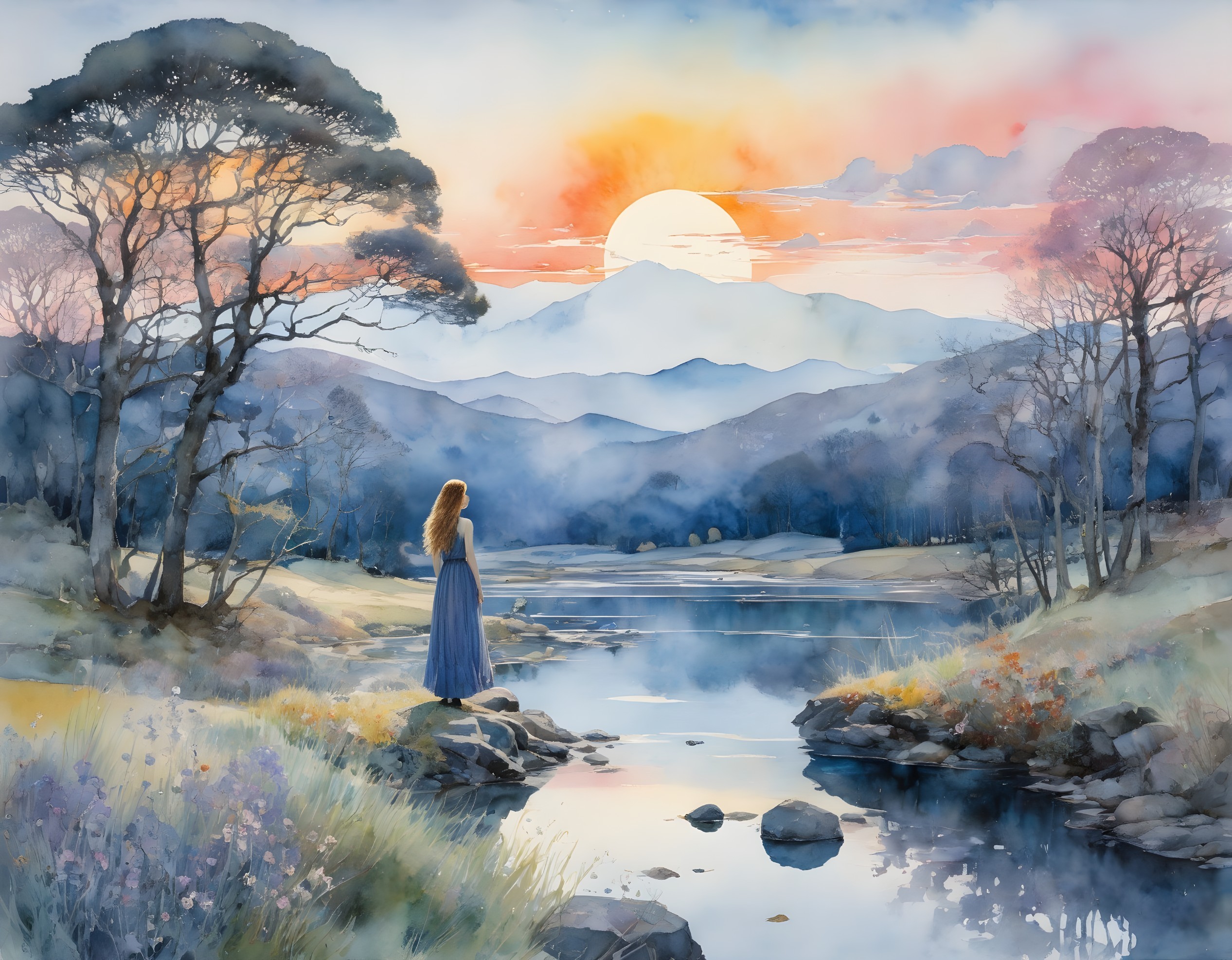 Sunset Landscape with Figure by Tranquil River