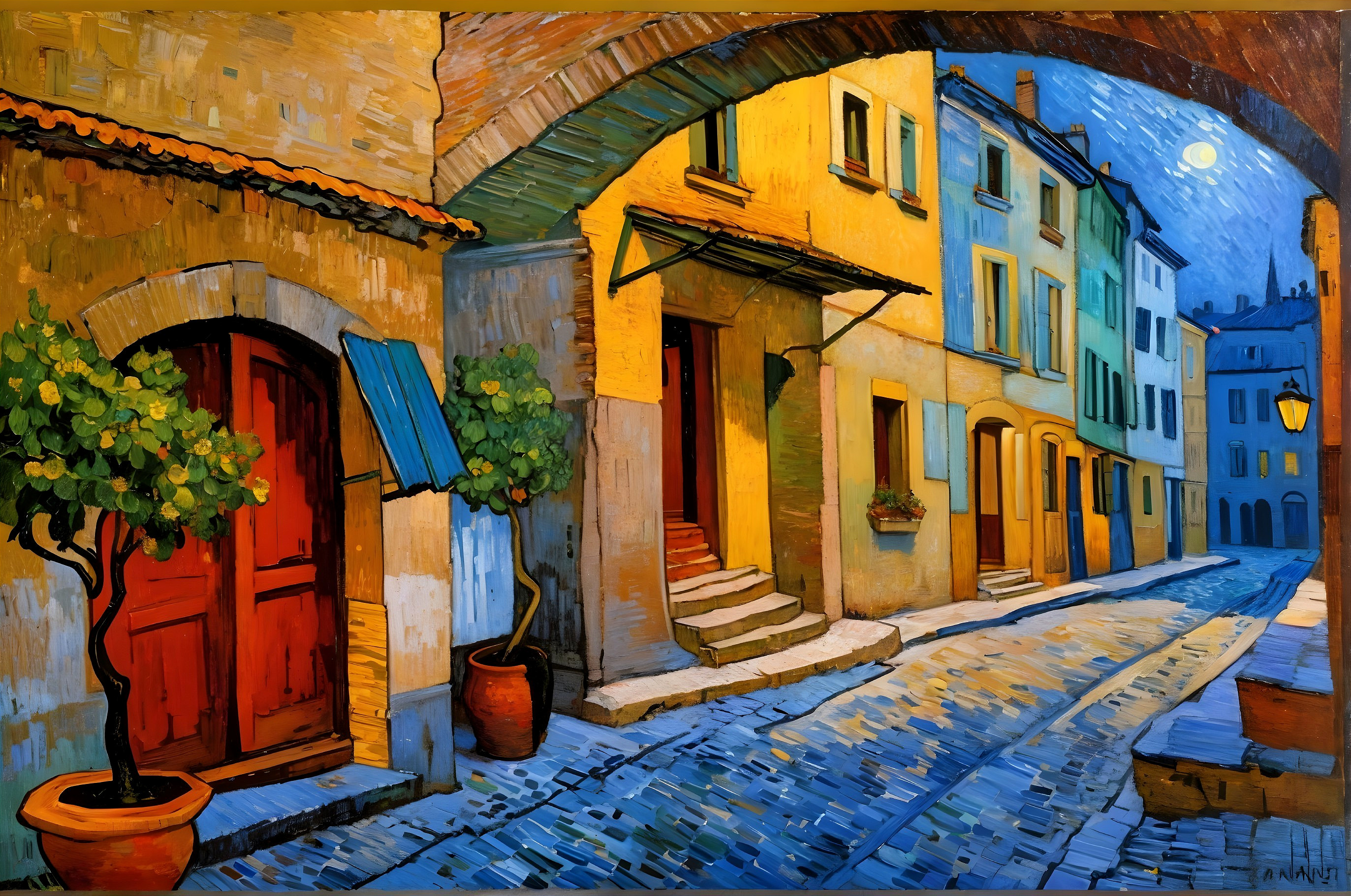 Vibrant Nighttime Street Scene with Charming Buildings