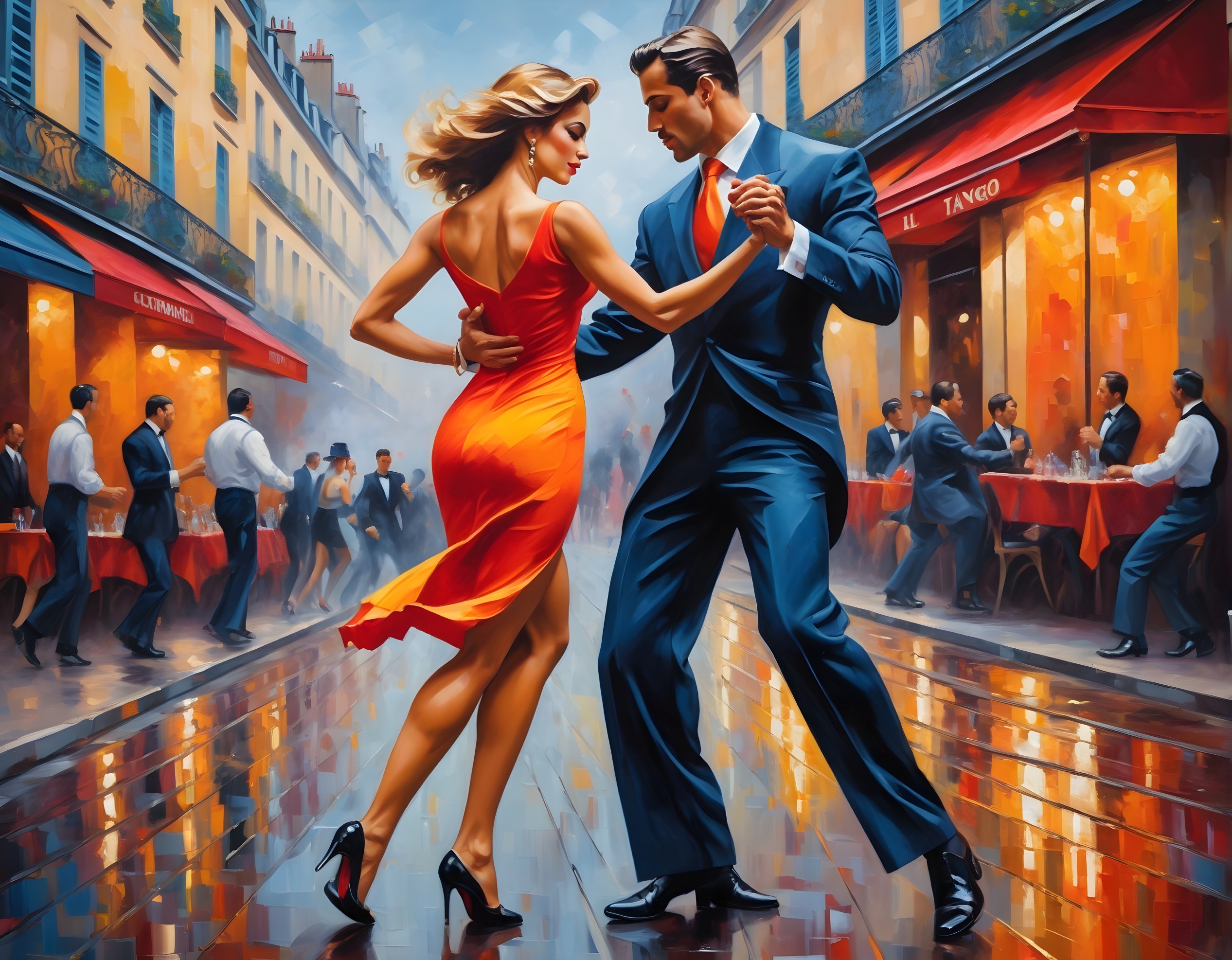 Vibrant street tango dance with onlookers at café tables