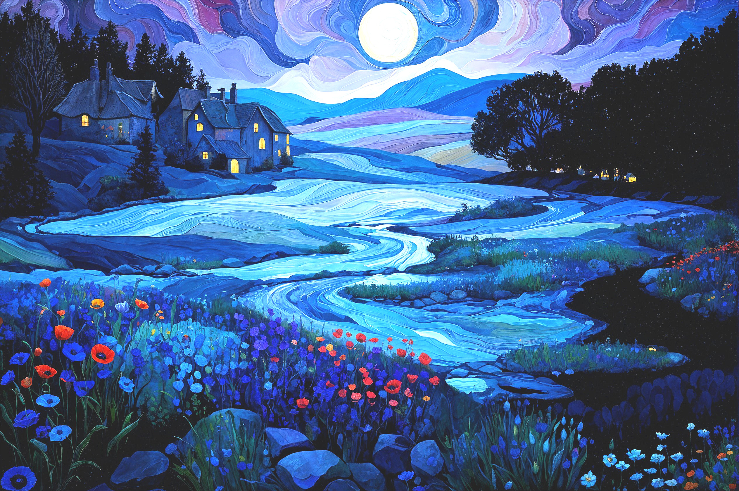 Serene Night Landscape with Winding River and Wildflowers