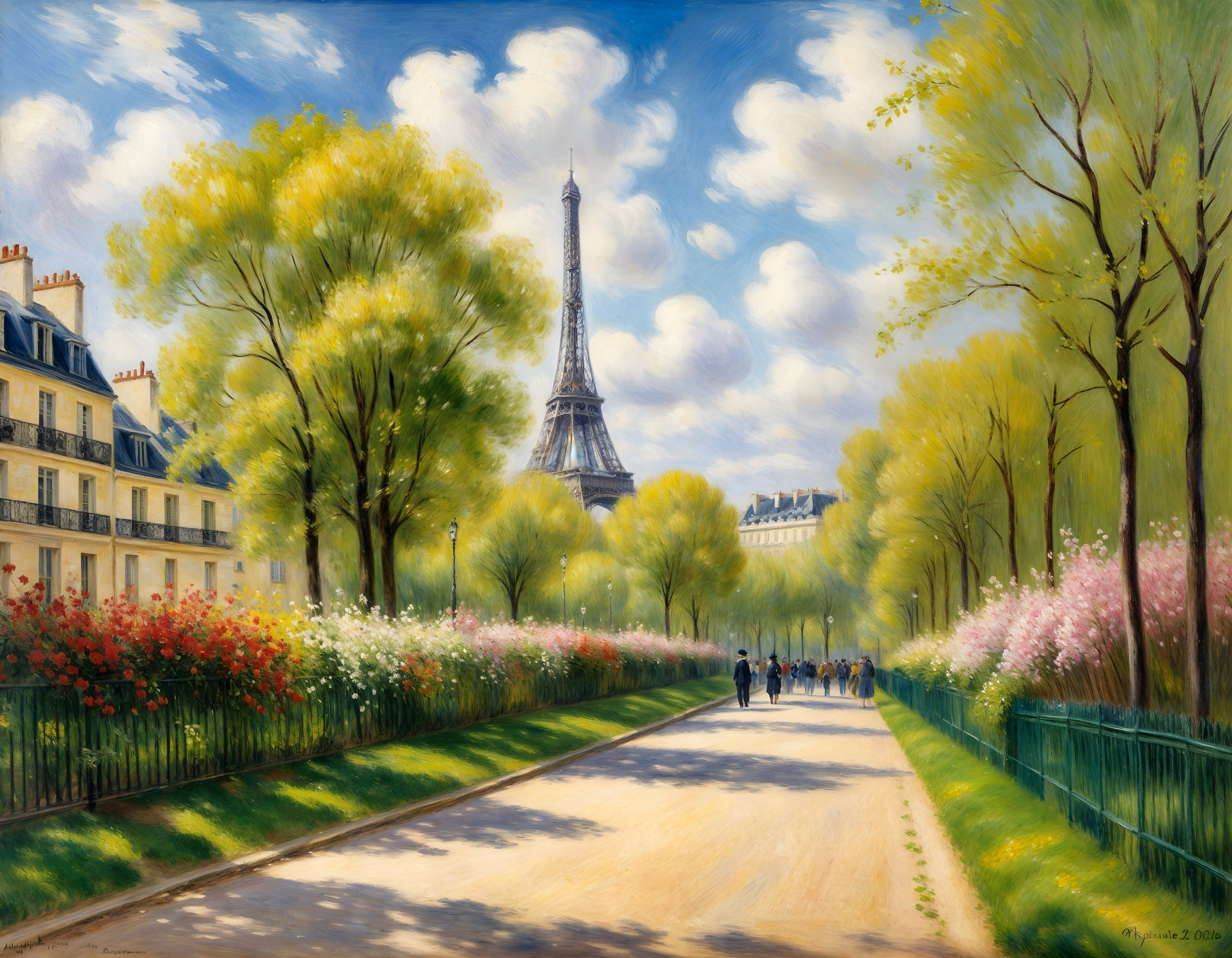 Parisian Boulevard with Trees and Eiffel Tower View