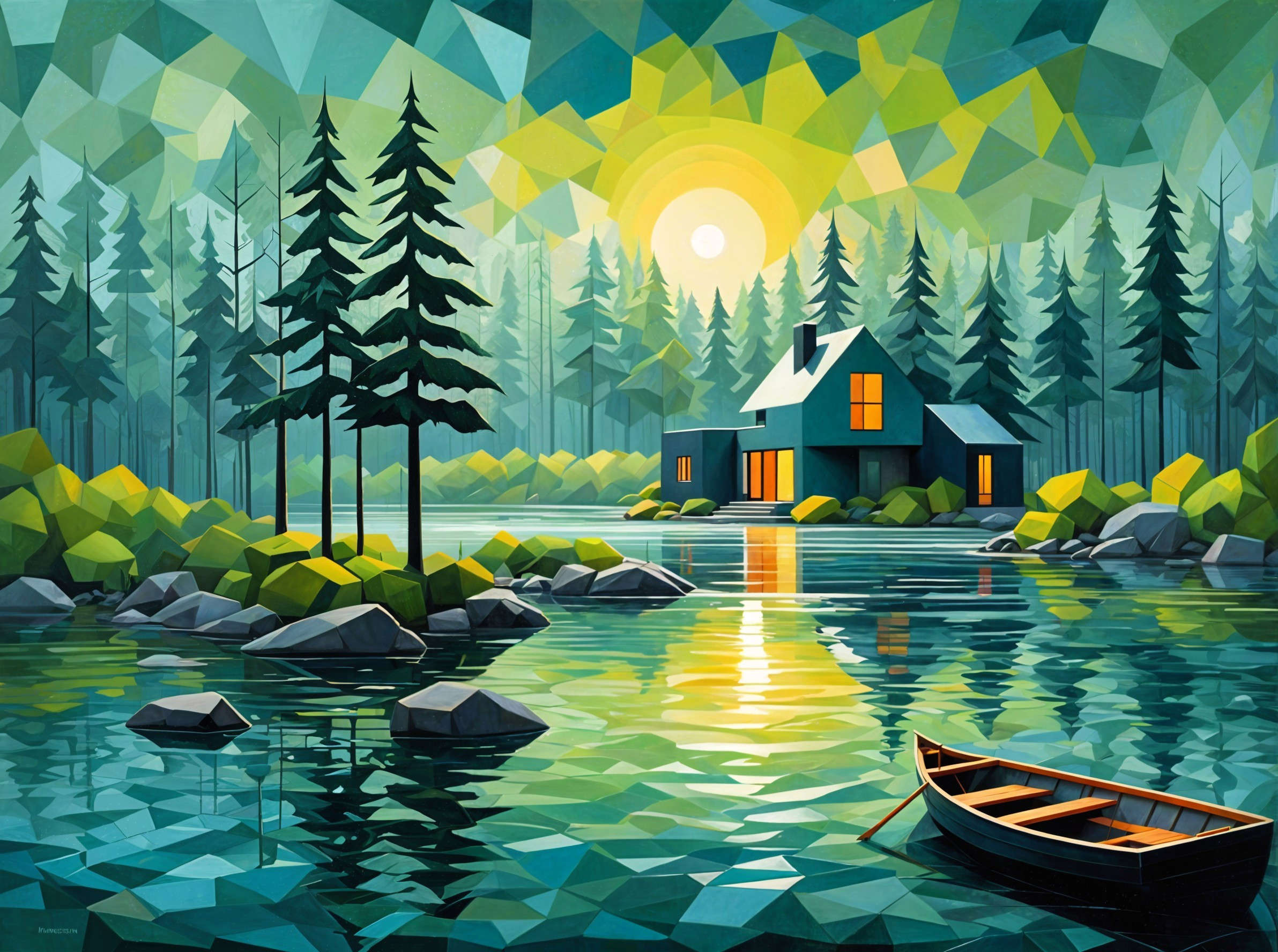 Lakeside Scene with Evergreen Trees and Cozy Cabin