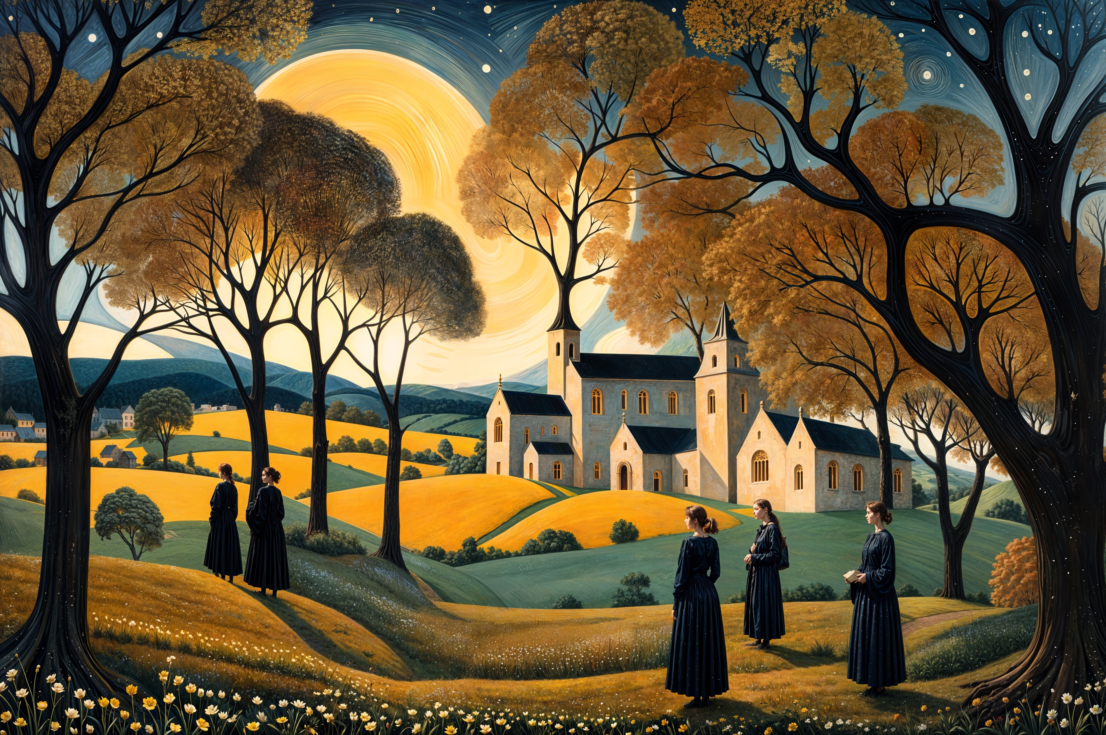 Serene Landscape with Church and Victorian Figures