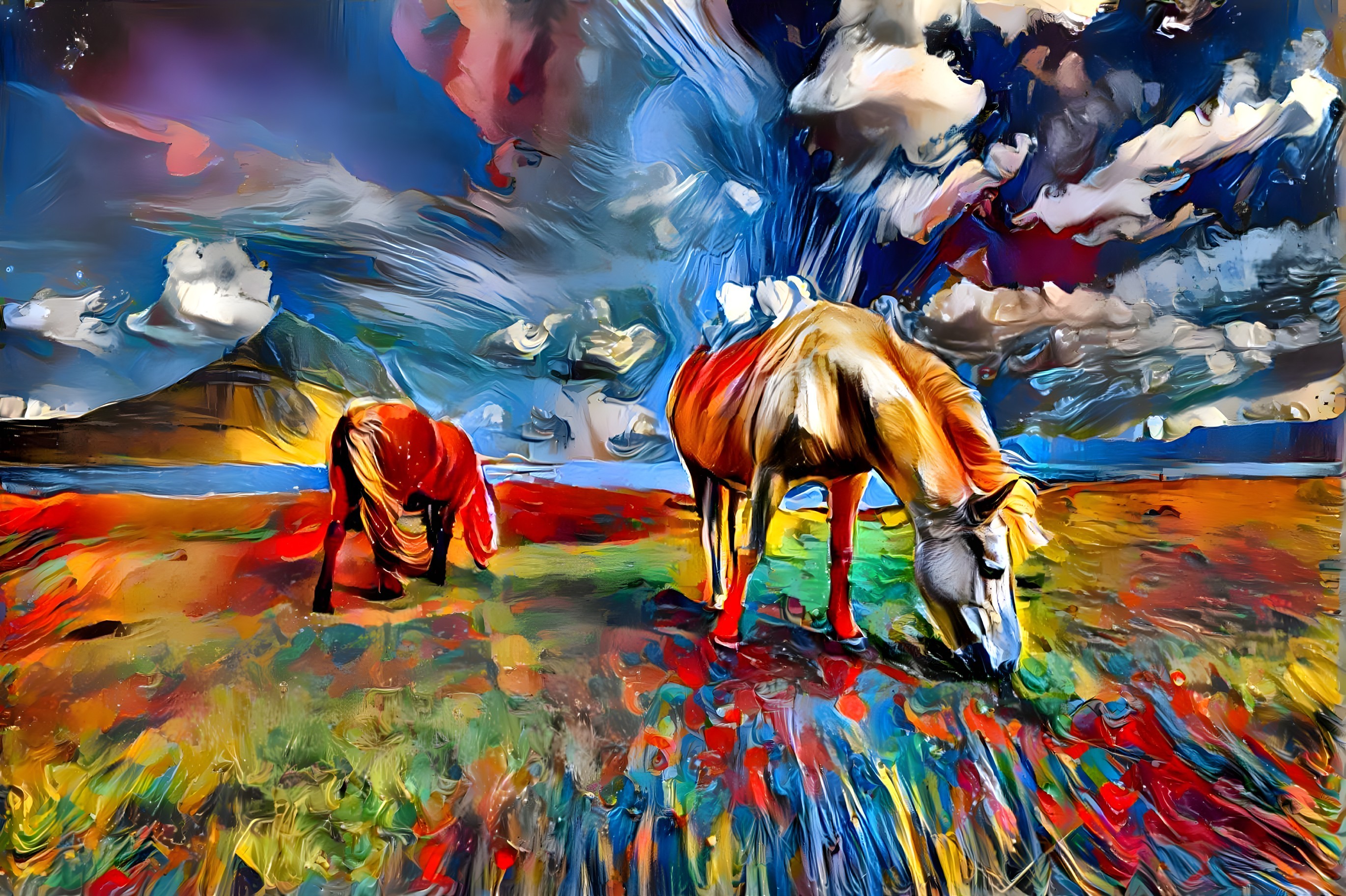 Vibrant Abstract Landscape with Grazing Horses