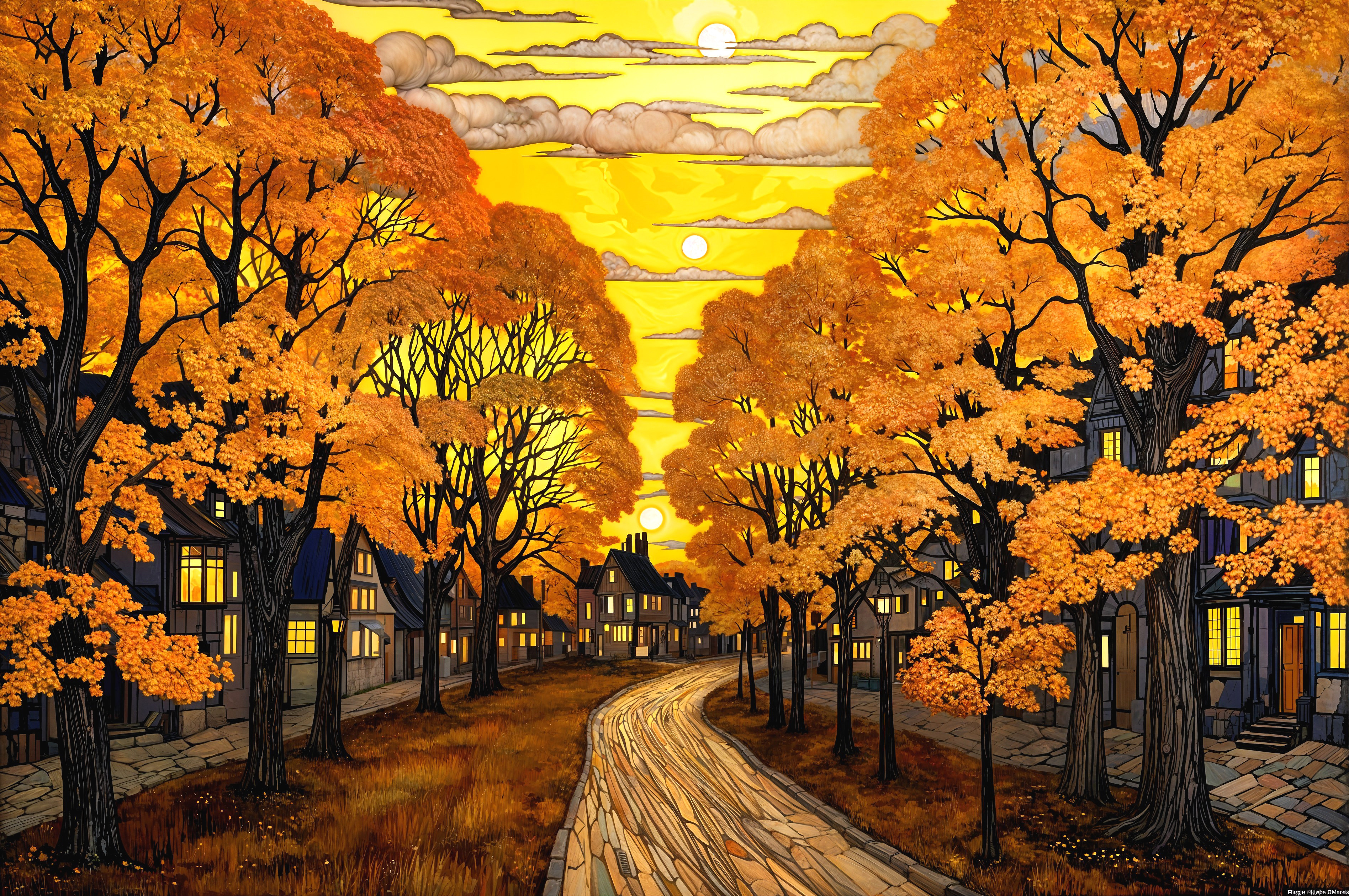 Autumn Neighborhood Path with Vibrant Orange Trees
