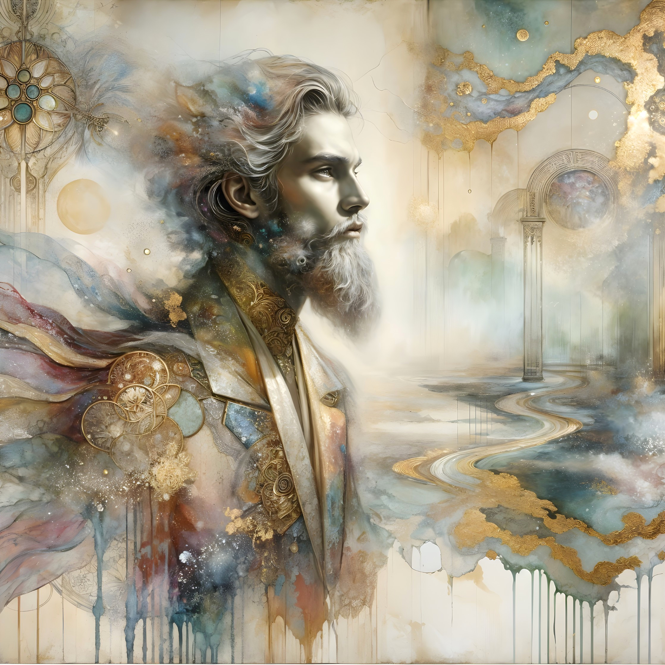 Ethereal Portrait of a Man with Flowing Hair and Beard