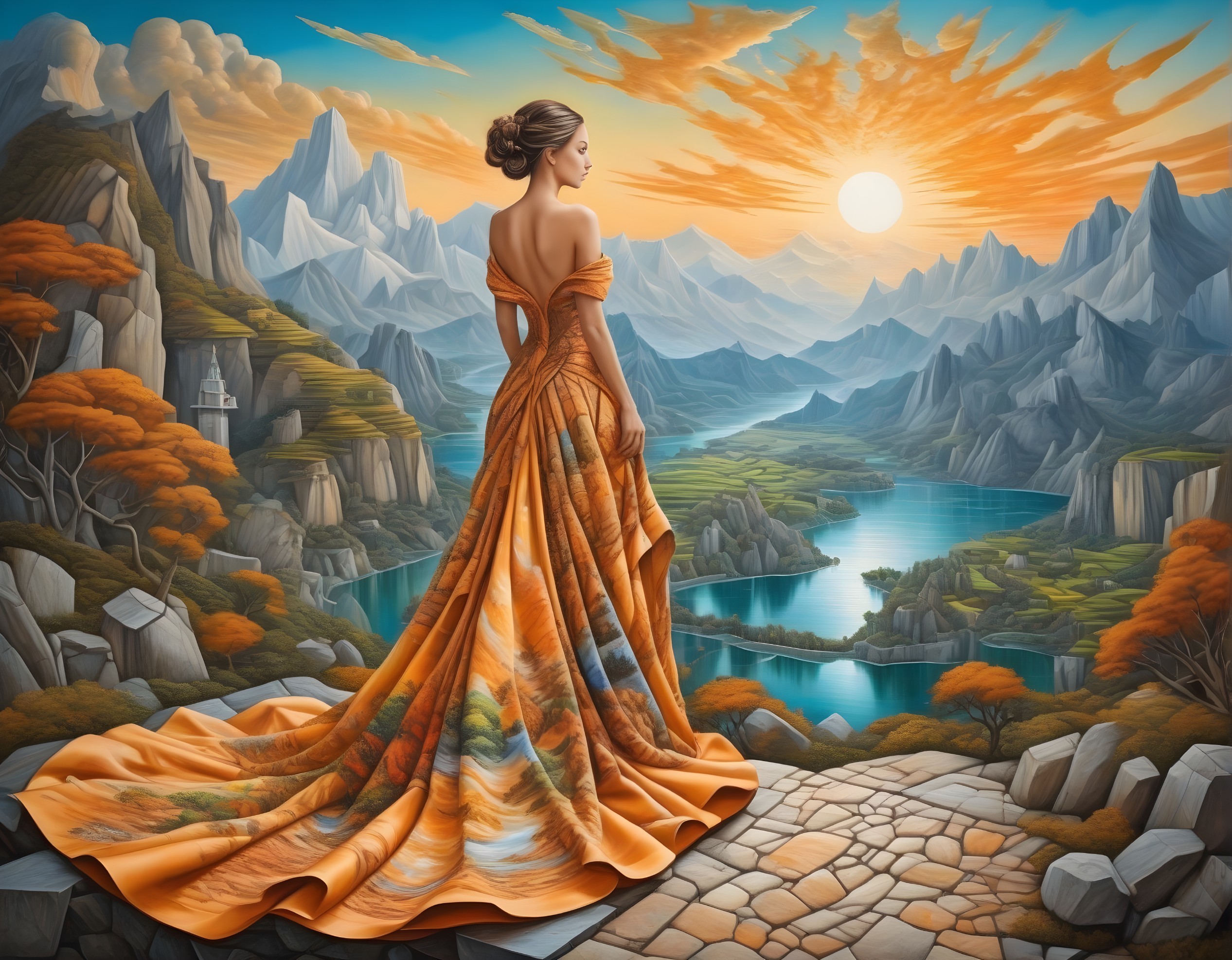 Woman in Orange Gown Overlooking Sunset Landscape