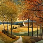 Autumn Landscape with Rolling Hills and Rustic House