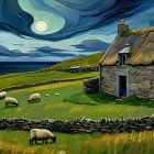 Tranquil Rural Scene with Cottage and Grazing Sheep