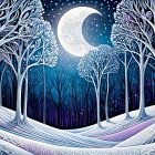 Mystical Winter Landscape with Crescent Moon and Trees