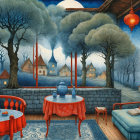 Serene Interior with Blue and Red Color Palette