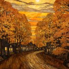 Autumn Neighborhood Path with Vibrant Orange Trees