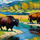 Bison by a River in Autumn Landscape with Wildflowers