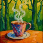 Vibrant Coffee Cup with Swirling Colors on Table