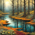 Autumn Woodland Scene with Colorful Leaves and Stream