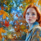 Young Woman in Denim Surrounded by Autumn Leaves