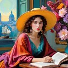 Young woman at table with flowers and open book