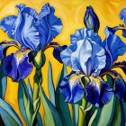 Abstract Irises in Blue and Teal on Yellow Background