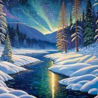 Snow-covered river between pine trees under starry sky