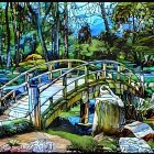 Moonlit footbridge painting with lush greenery and house under night sky