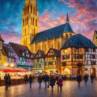 Bustling Town Square at Dusk with Vibrant Sunset