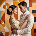 Couple Embraces in Front of Abstract Mural