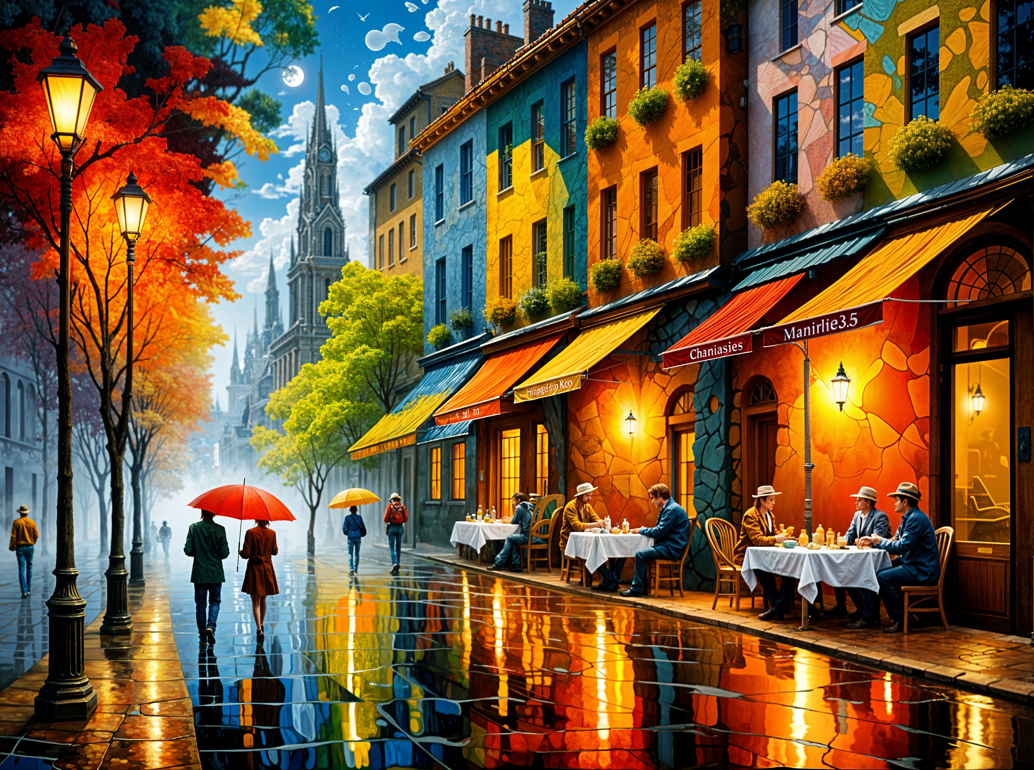 Colorful Street Scene with Autumn Foliage and Cathedral