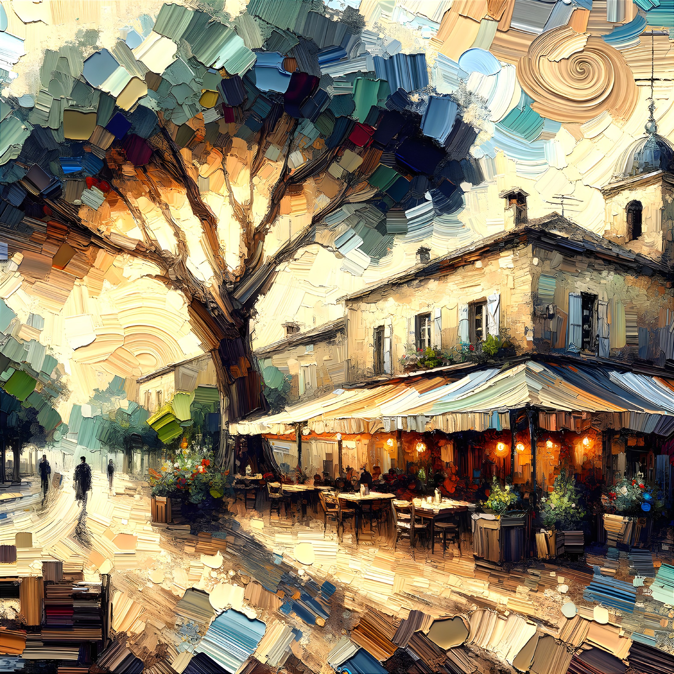 Outdoor café under a grand tree at sunset