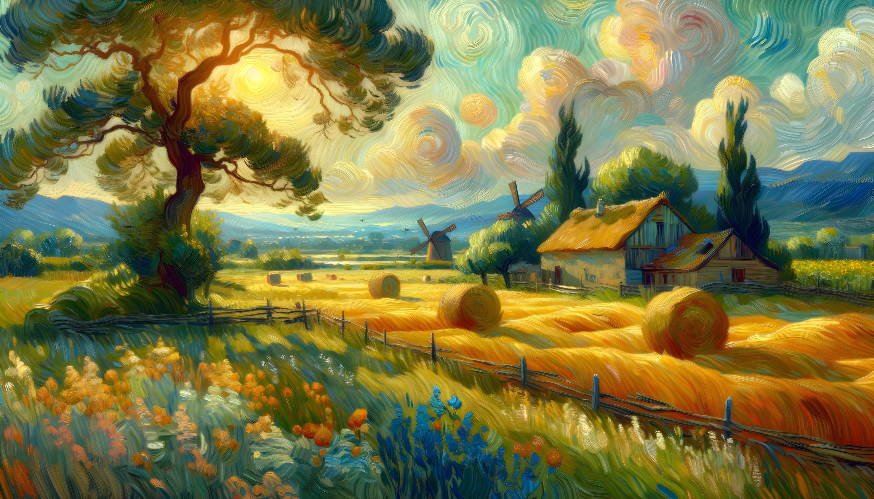 Colorful impressionistic painting of countryside scene with tree, hay bales, house, windmill,