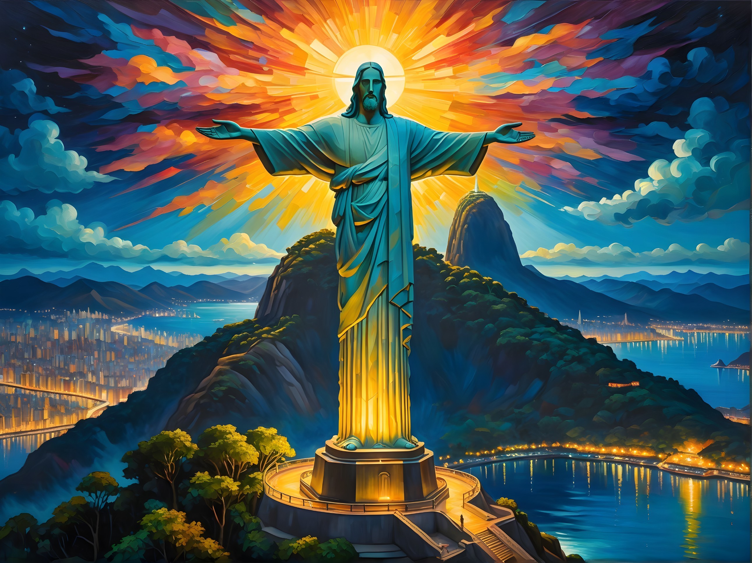 Christ the Redeemer Statue at Sunset Over Landscape
