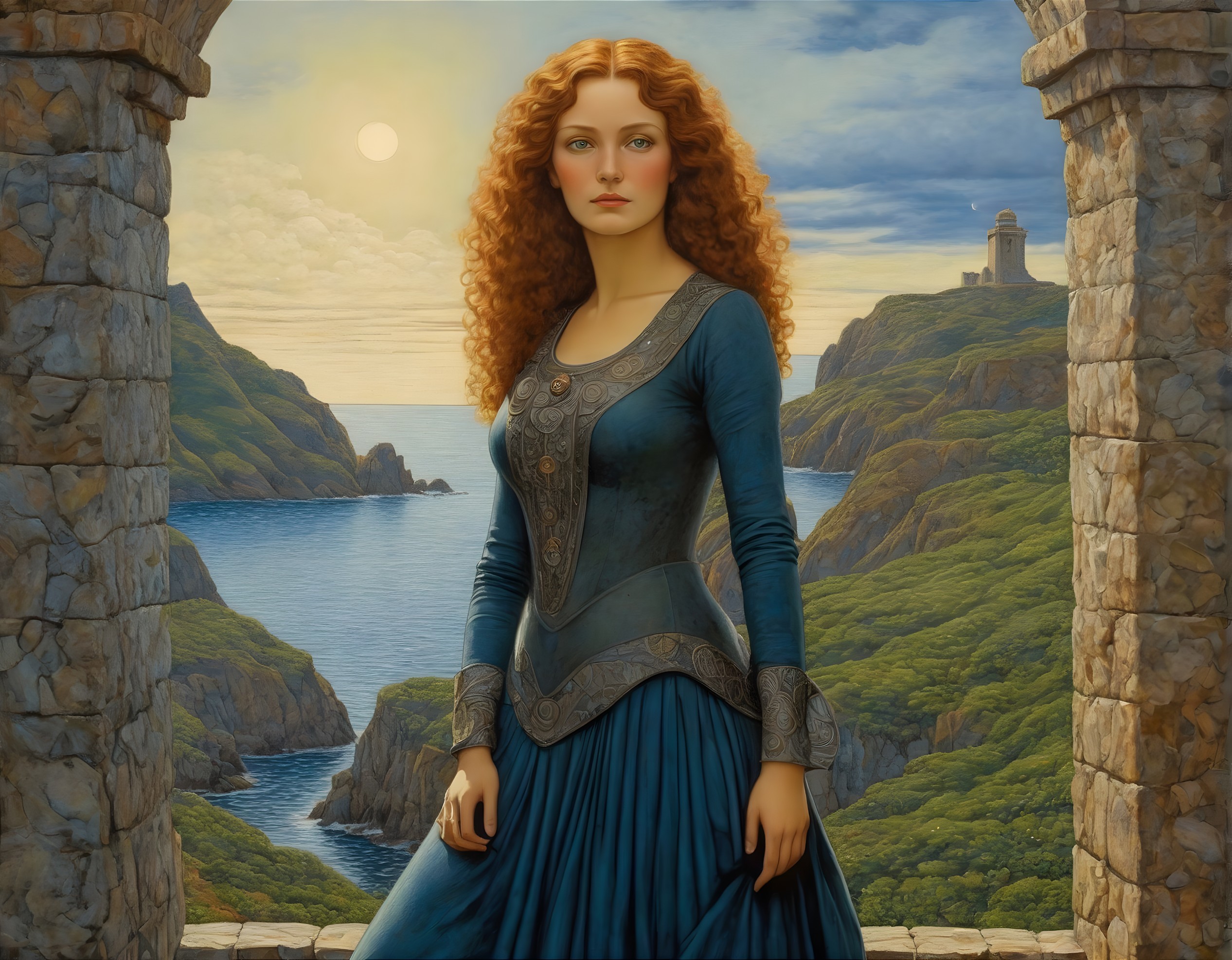 Young woman in blue dress by an archway at sunset