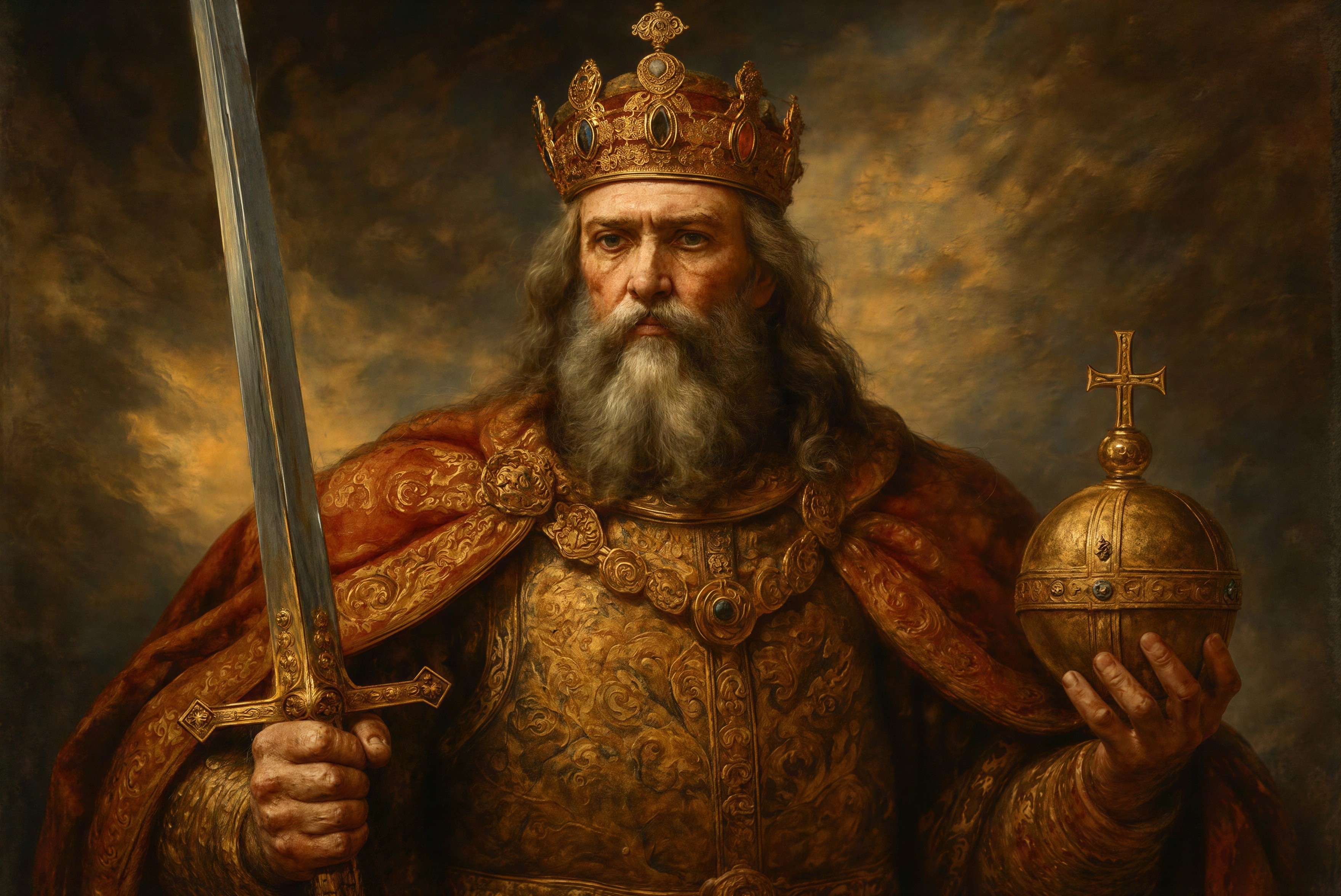 Historical Portrait of an Elderly King in Robes