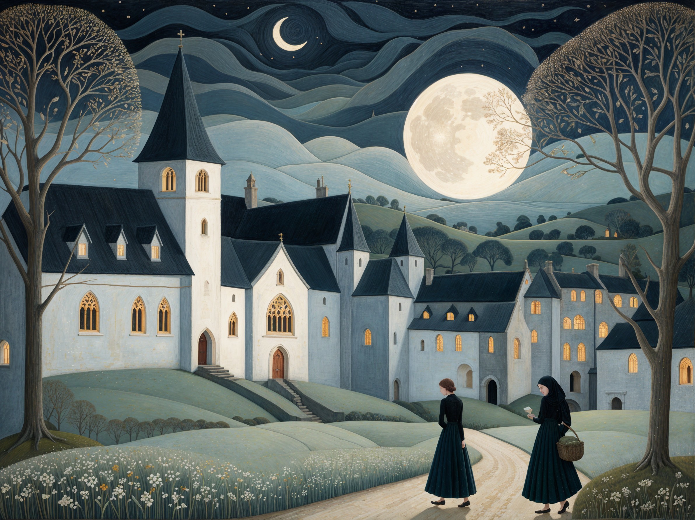 Nighttime Scene of Women Walking to Quaint Village