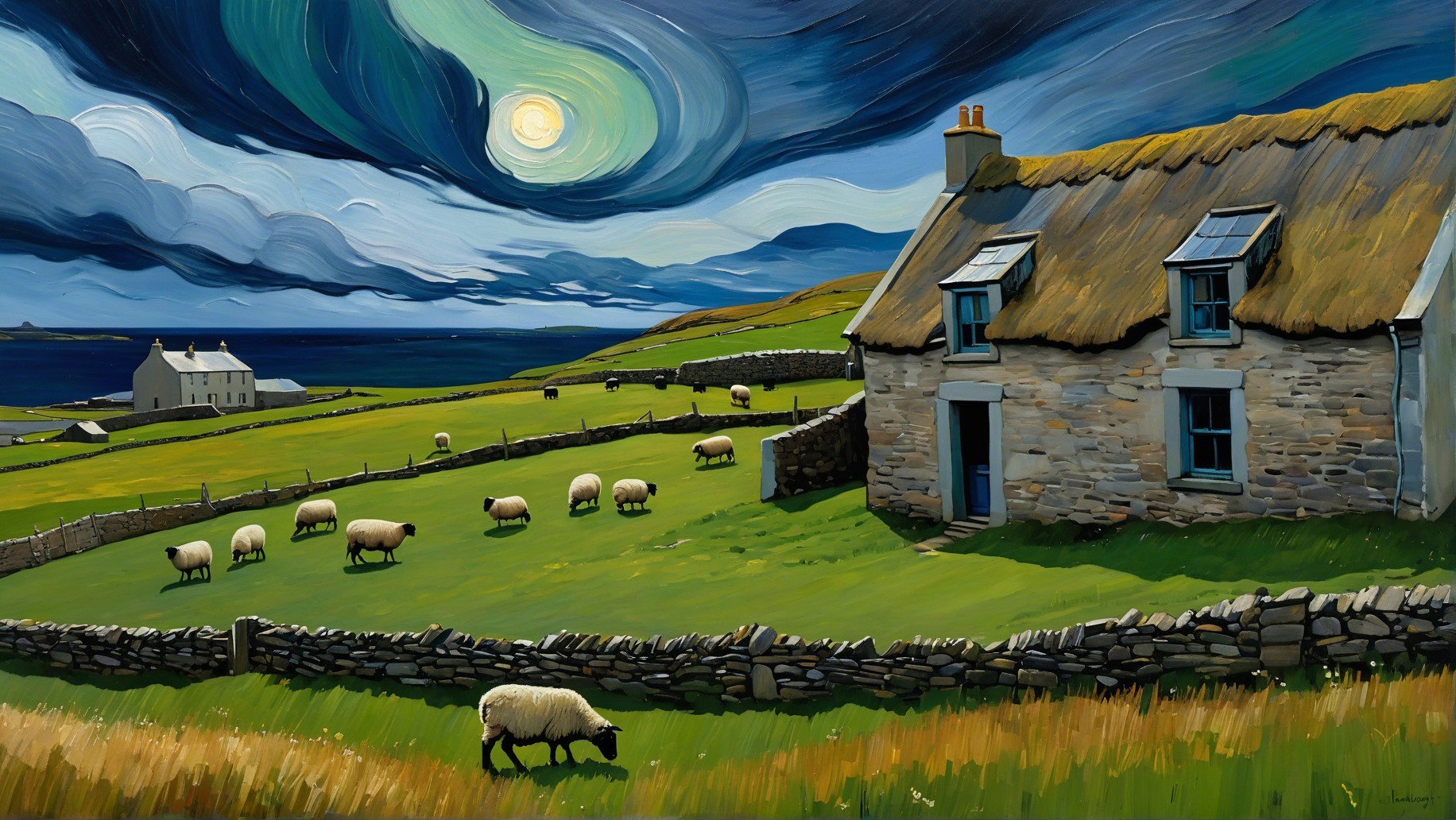 Tranquil Rural Scene with Cottage and Grazing Sheep