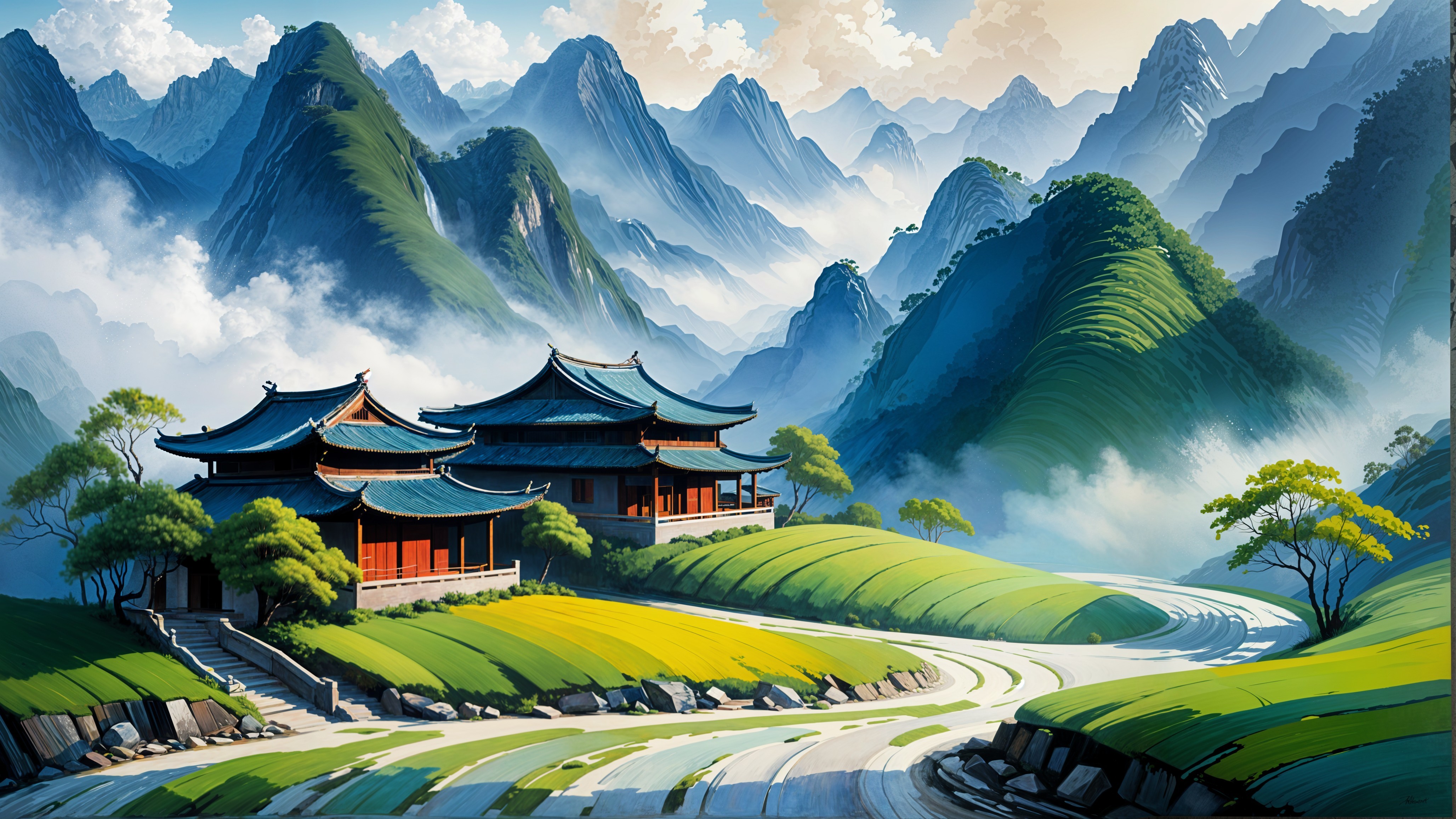 Serene Landscape with Traditional Asian Architecture
