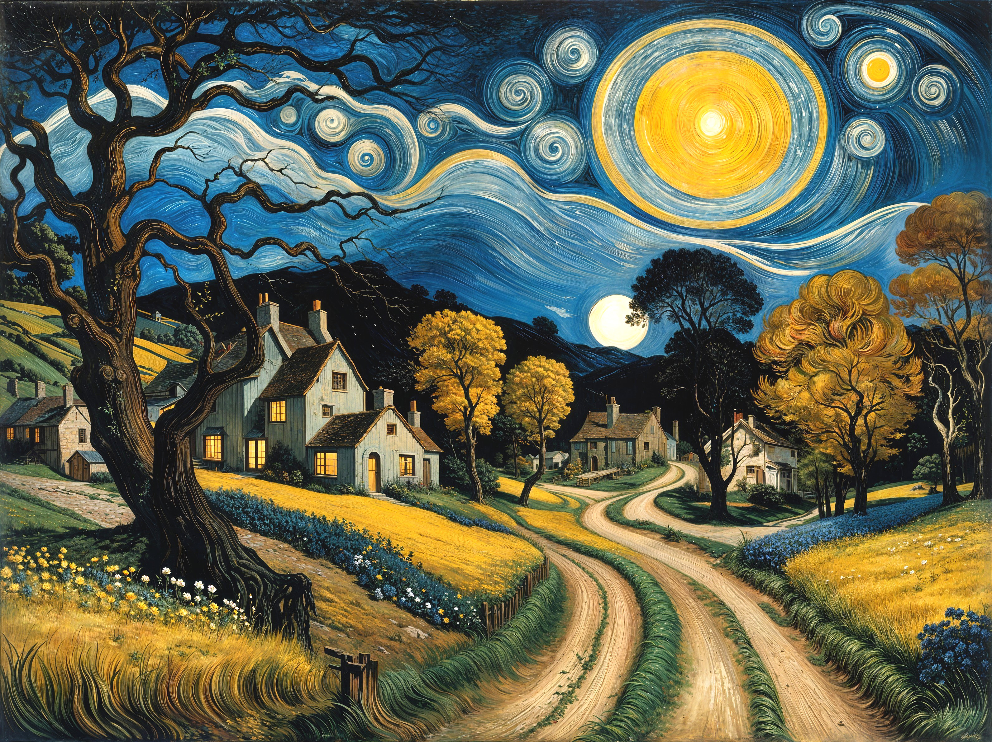 Vibrant Nightscape with Moon, Sun, and Cottages