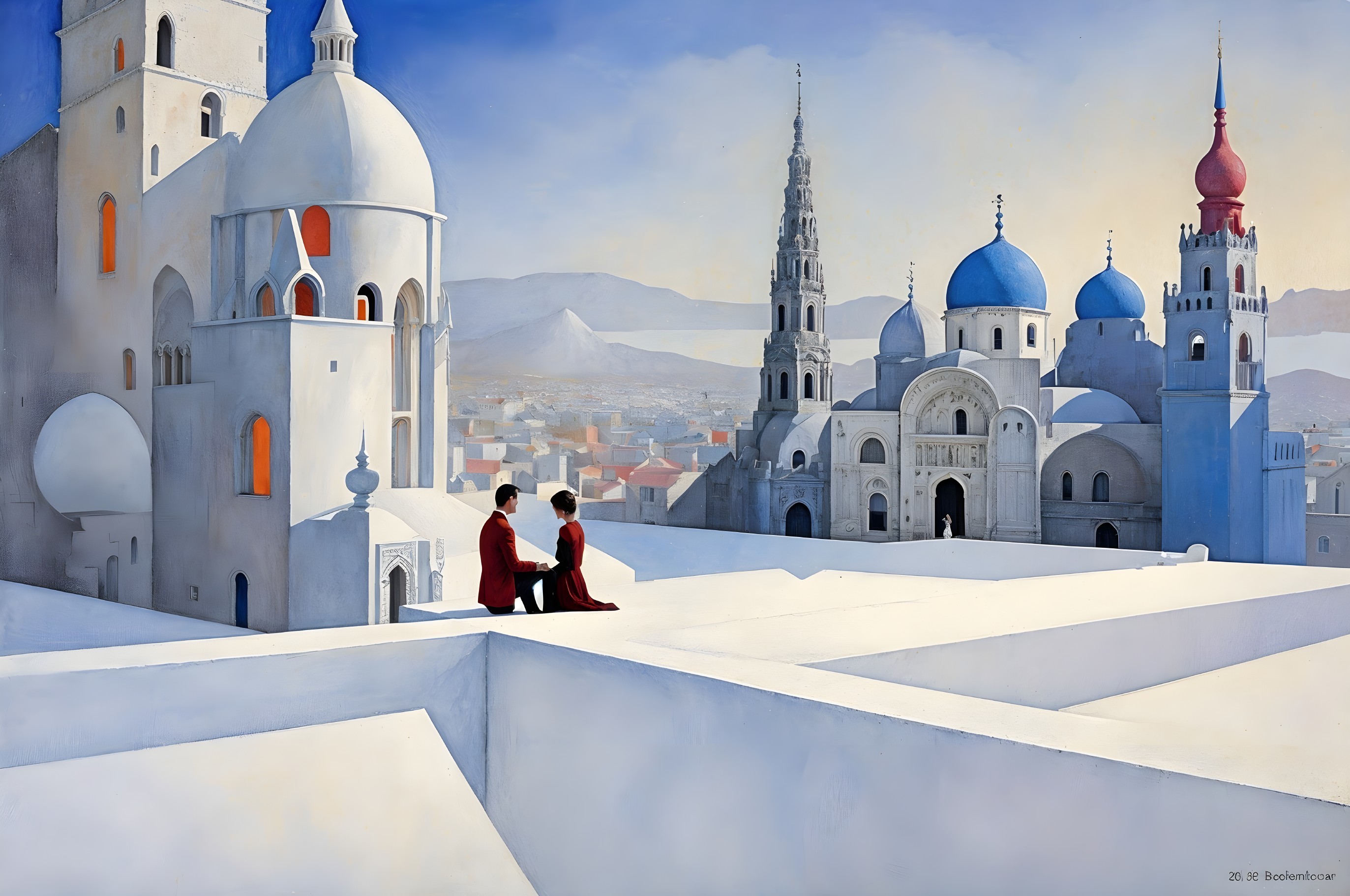 Dreamlike Landscape with Figures on White Rooftop