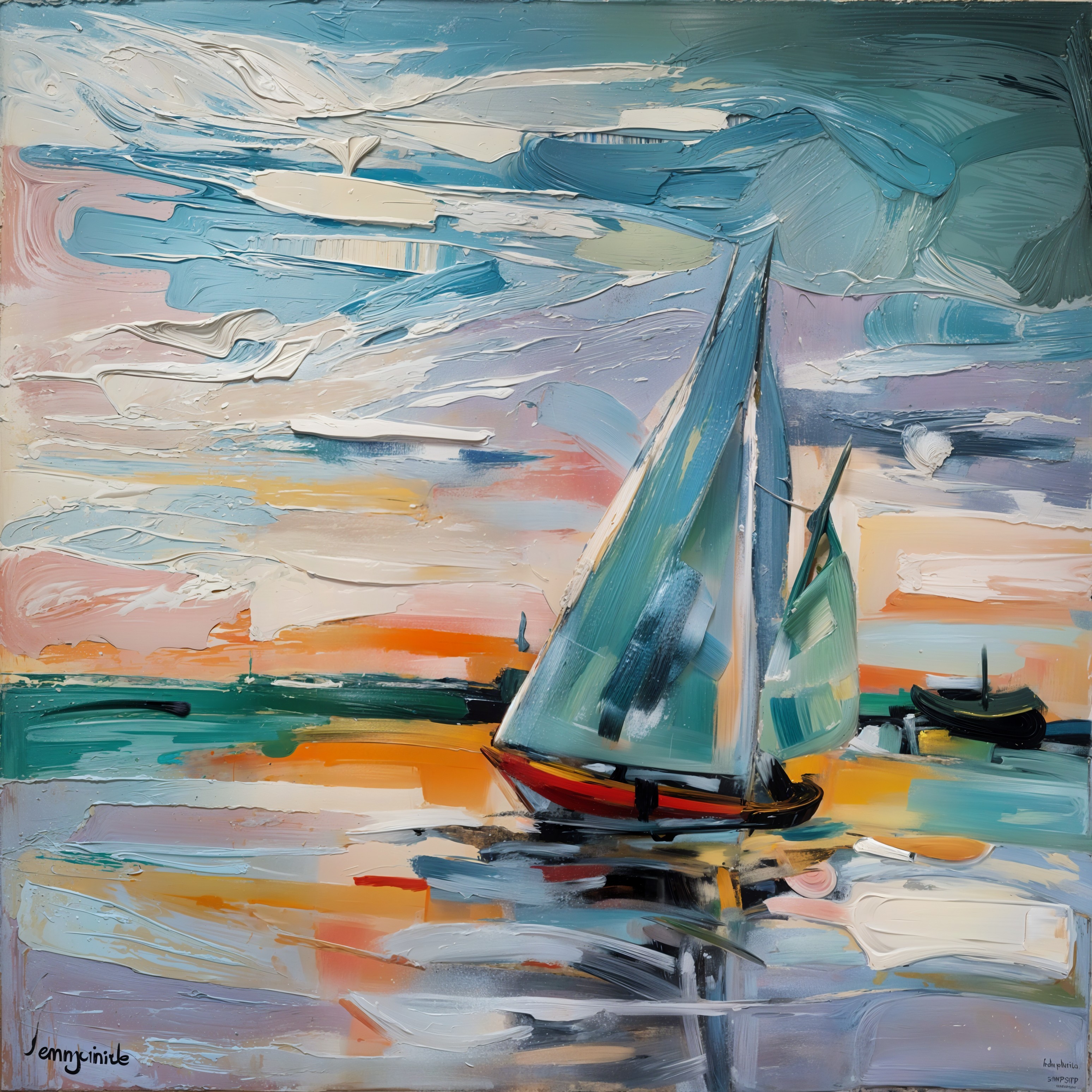 Vibrant Seascape at Sunset with Sailboat and Waves