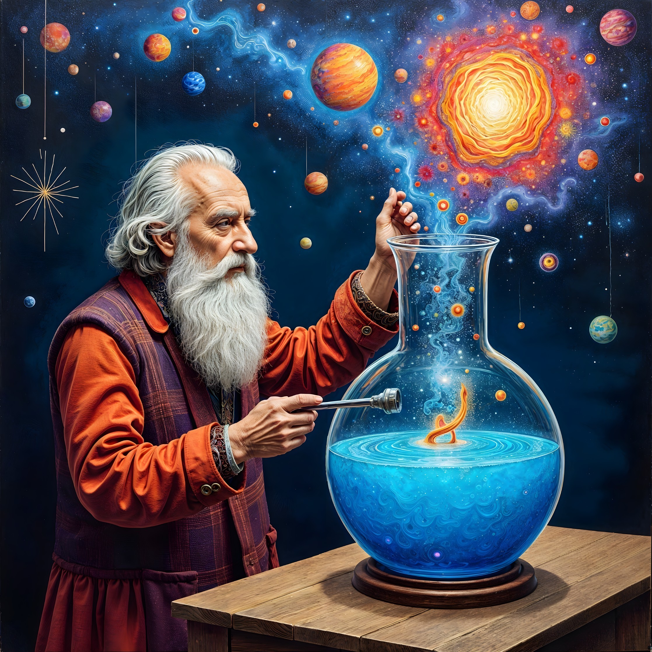 Elderly Scientist with Blue Liquid and Cosmic Backdrop