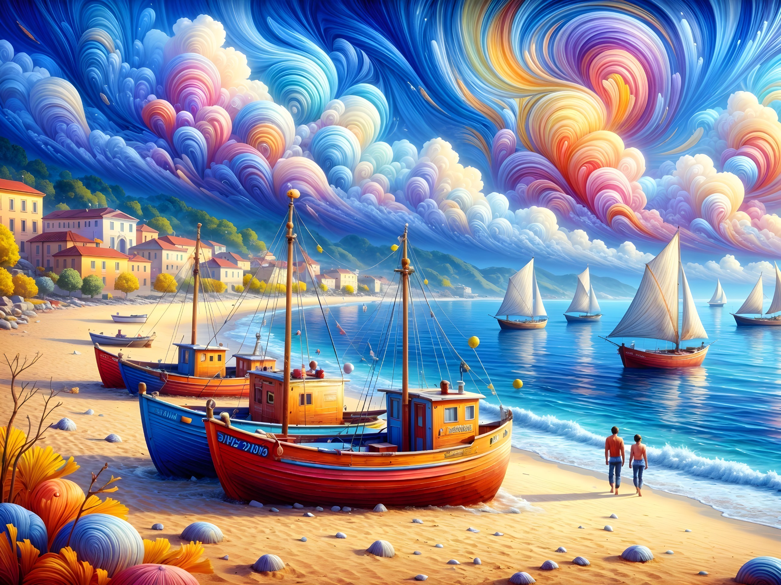Vibrant Beach Scene with Colorful Boats and Sky