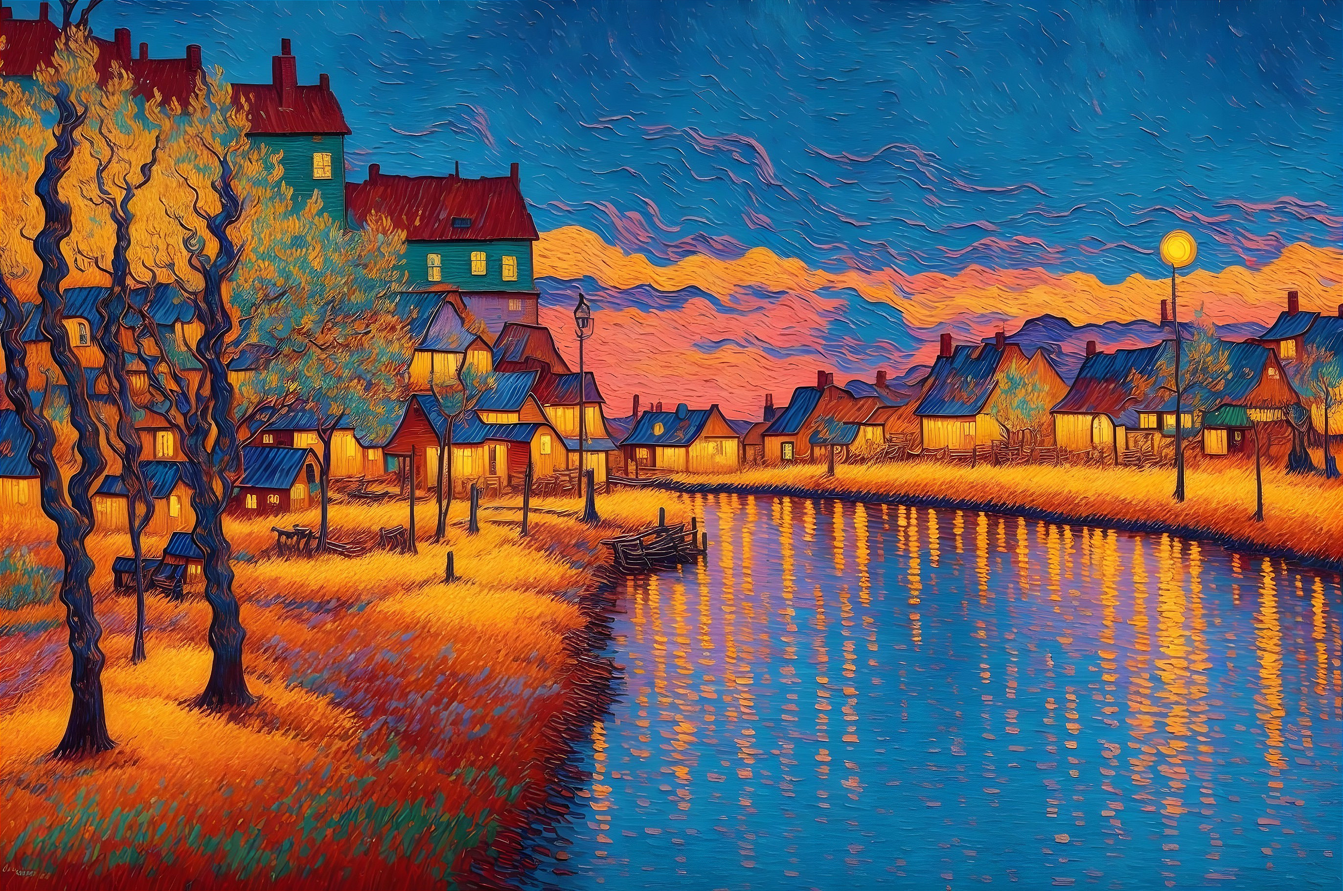 Twilight Scene of a Serene Canal with Cozy Houses