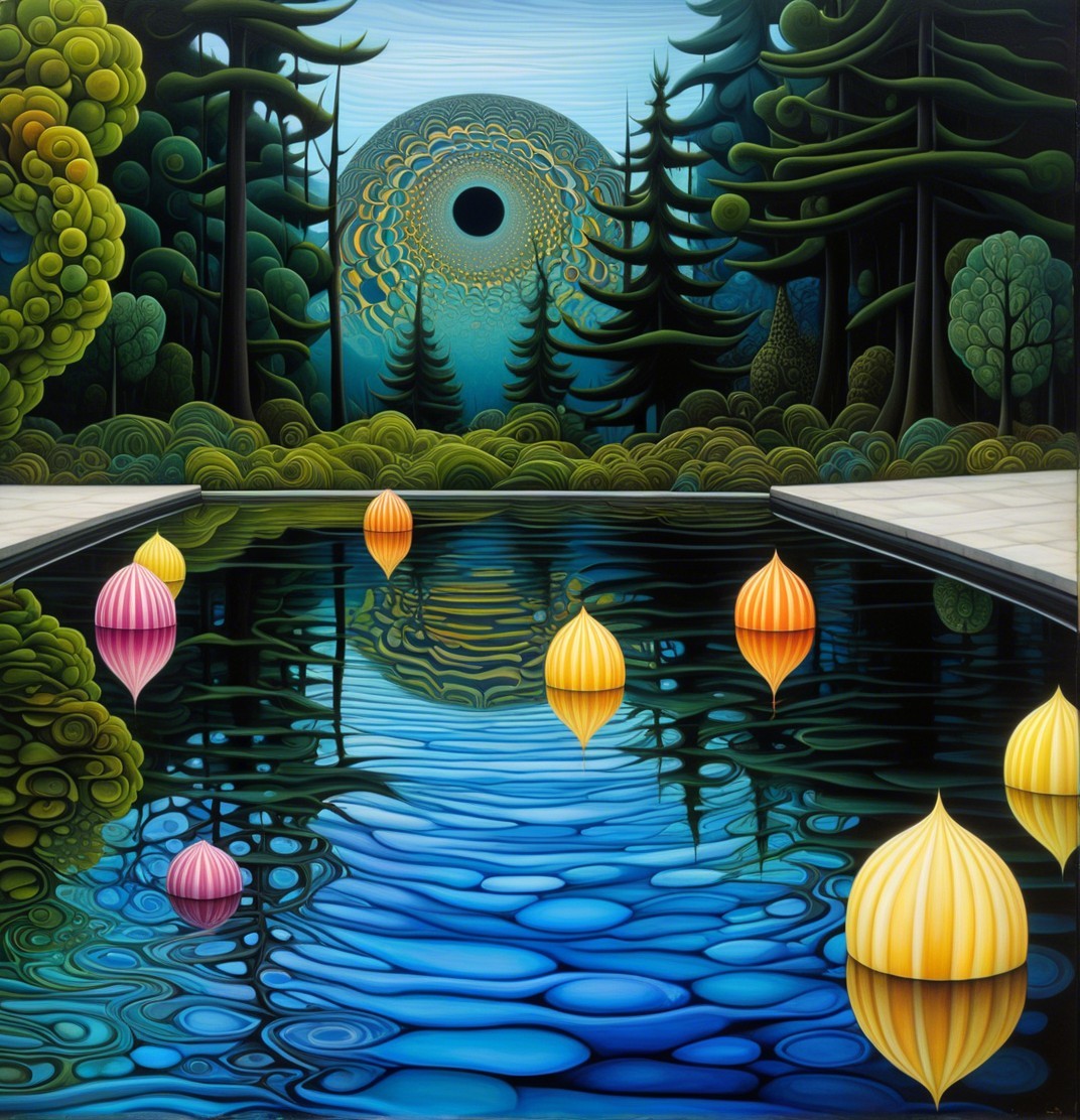 Digital Painting of Pool Surrounded by Forest and Spheres